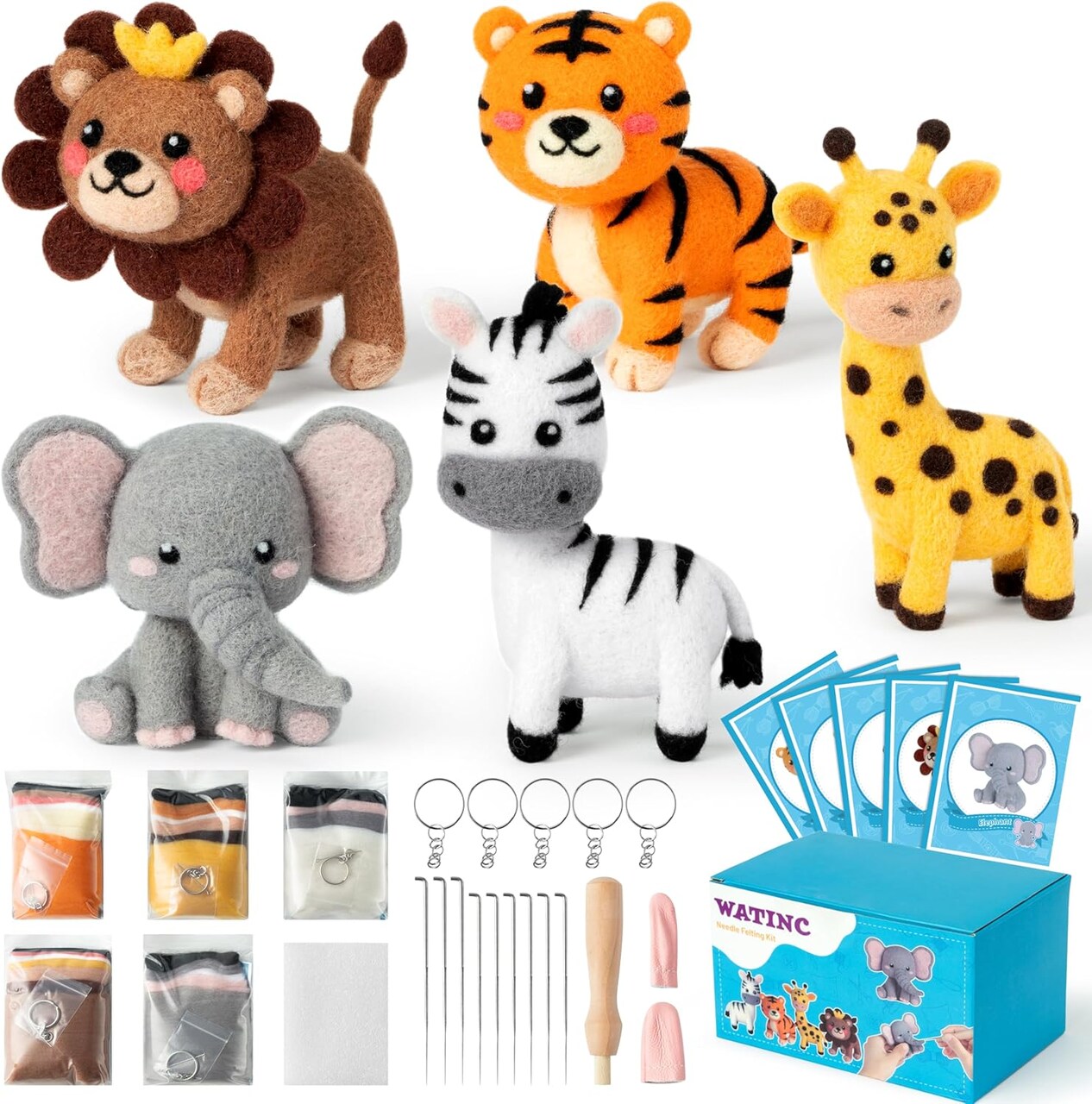 Wild Animal Needle Felting Kit - Set of 5 Different Zoo Animal Doll Making Wool Felt Needle Felting Tools Foam Pad Mat,DIY Home Decoration Needle Felting Craft Party Supplies for Beginners